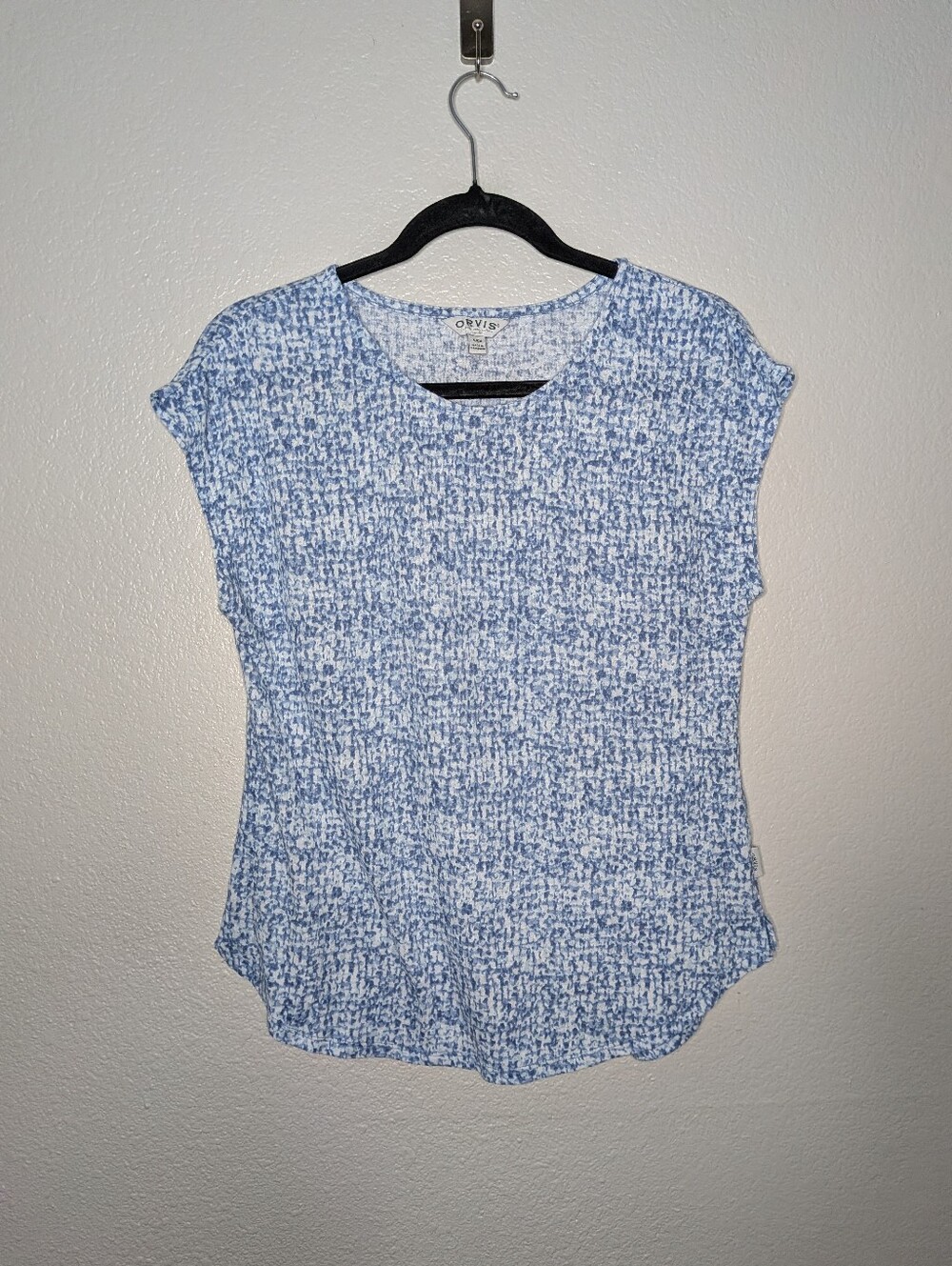 Orvis Blue White Linen Blend Speckled Coastal Casual Round Neck Tee S